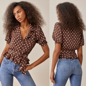Reformation Elliott Top Brown Polkadot Top Size 12 NWOT